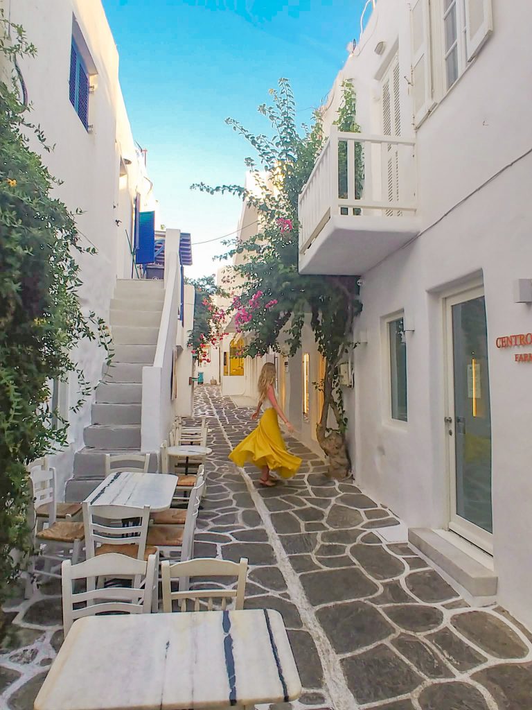 twirling in Naoussa, Paros pedestrian area