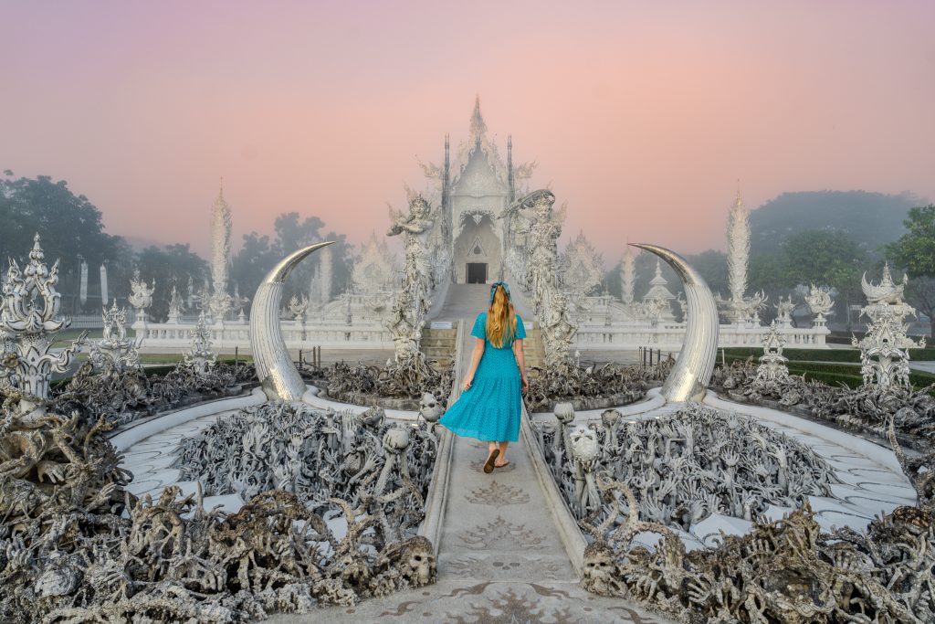 White Temple on a foggy morning in Chiang Thai, Thailand - one of the best temples in Chiang Rai